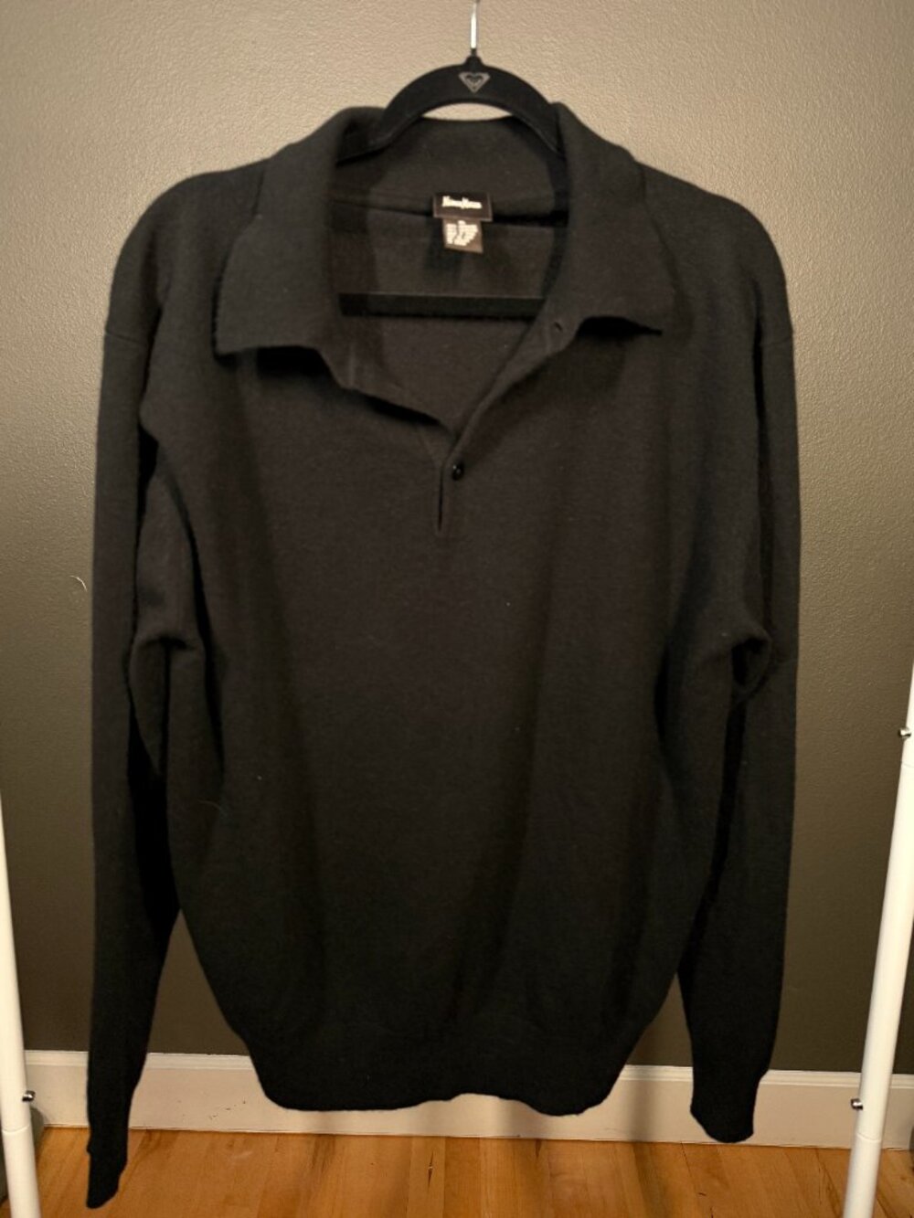 Cashmere Sweater Mens XL Black Knit Ribbed Cuff & Hem Long Sleeve Collar Popover